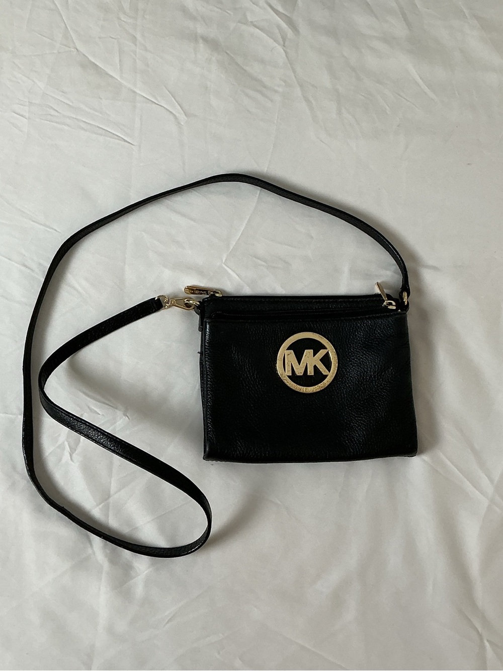 Michael Kors Black Leather Crossbody with Gold MK Medallion